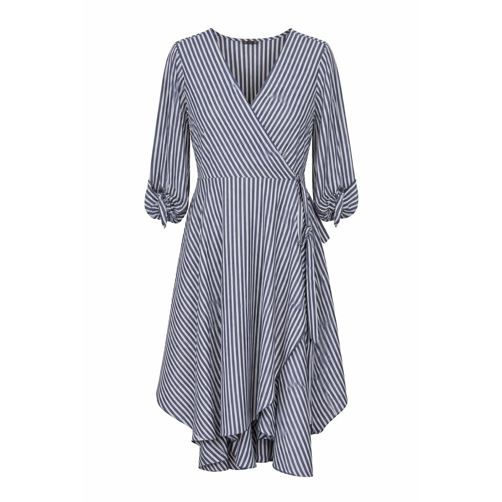 Mlle Gabrielle Navy White Striped Faux Wrap Midi Dress with Asymmetrical Hem